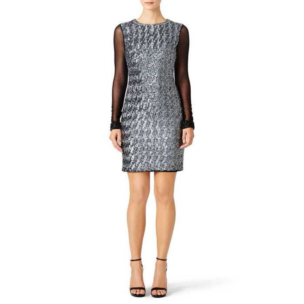 Badgley Mischka Silver Sequin Sheath Dress with Black Mesh Sleeves